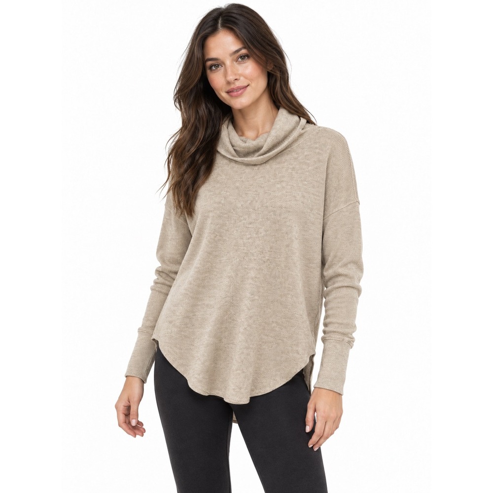 The Group by Babaton Aritzia Waffle Knit Cowl Neck Thermal Top Beige Small